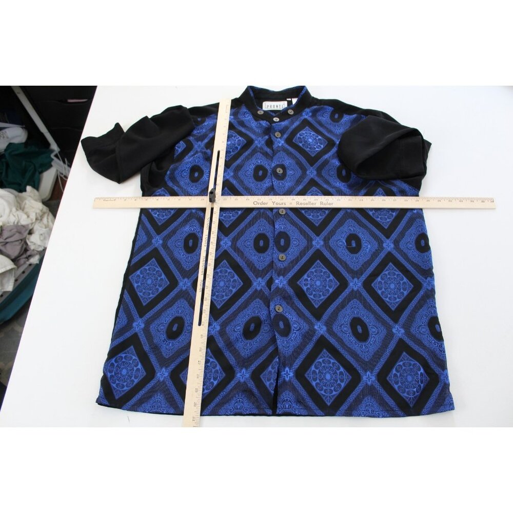 Pronti Collection Mens XL Blue Black Geometric Brocade Mandarin Collar Shirt - Picture 3 of 4